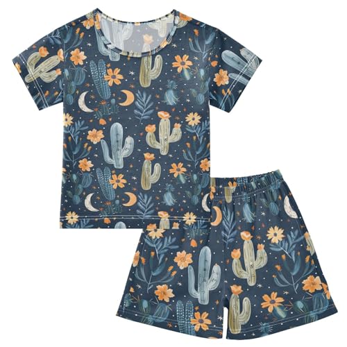 ALAZA Cactus Flowers Stars Moon Pajama Set Short Sleeve Sleepwear Soft Lounge Nightwear