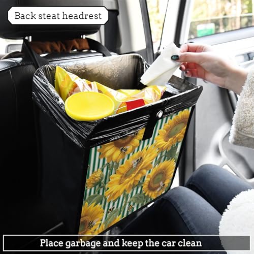 Image of Car Trash Can Organizer Bin with Adjustable Strap for Back Front Seat Console Waterproof Leakproof Collapsible Portable 8.66 Inch Green Striped Sunflowers and Honey Bees