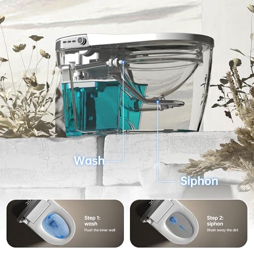 Inodoro inteligente con descarga potente, bidet con agua tibia instantánea, inodoro moderno alargado sin tanque, asiento bidet calefactado y secador, pantalla LED, luz nocturna y desodorización (Blanco) miniatura 4