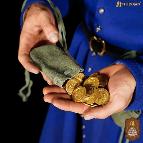 Image of Mythrojan Pack of 25 Small Trinket Pouches Suede Leather Drawstring Coin & Dice Bags for LARP, SCA, Viking & Medieval Events, Color : Dark Green