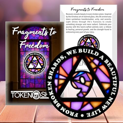 Image of Stained Glass 9 Year AA Chip Sobriety Coin Medallion, Fragments to Freedom Alcoholics Anonymous Addiction Recovery Anniversary Token, Inspirational Sober Gifts for Men and Women by the Token Shop