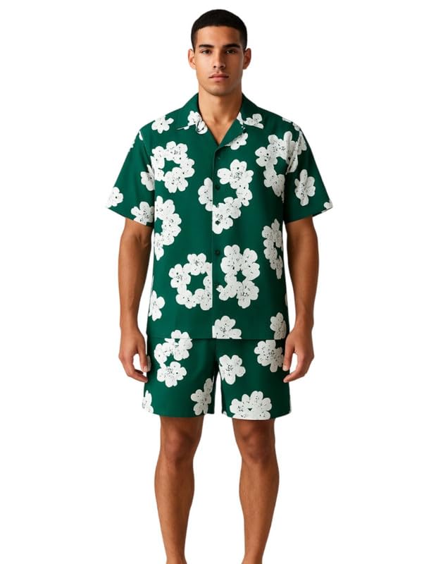 Men’s Printed Co-Ord Set | Plus Size Casual Shirt & Shorts Set | Nightwear Pajama Suit, Loungewear, Beachwear & Vacation Outfit Design No Sky NS JIIOO Green M-image-30