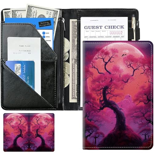 Full Moon Pink Tree Cute Server Books for Waitress, Leather Waiter Book Server Wallet with Zipper Money Pocket, 5 * 8 Waitress Ticket Book Holder Restaurant Waitstaff Organizer with Pen Holder Fit