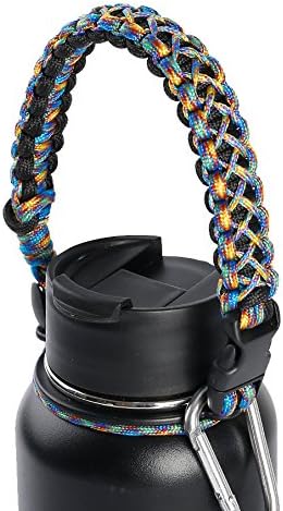 QeeLink Paracord Handle Compatible with 1.0 Wide Mouth Water Bottles - Paracord Carrier Strap Cord with Safety Ring & Carabiner & Compass, 12oz - 64oz