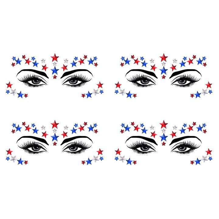 Wehhbtye 4Pcs Patriotic Face Jewels Stickers, Long-Lasting Star Eye Gems Sticker, 4th of July Crystal Face Gem Decoration for Independence Day Party