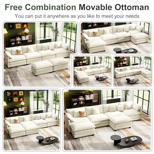Image of 146 inch Cloud Couch Sectional Modular Sofa, Deep Seat Couches with Ottoman and Removable Washable Pillows for Living Room, Bedroom, Apartment, Beige