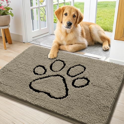 Image of Smiry Dog Door Mat for Muddy Paws, Absorbent Dirt Trapper Non Slip Quick Dry Washable Chenille Mat for Mud Dogs, Entry Rug for Indoor and Outdoor (36x24 Inches, Warm Taupe and Black)