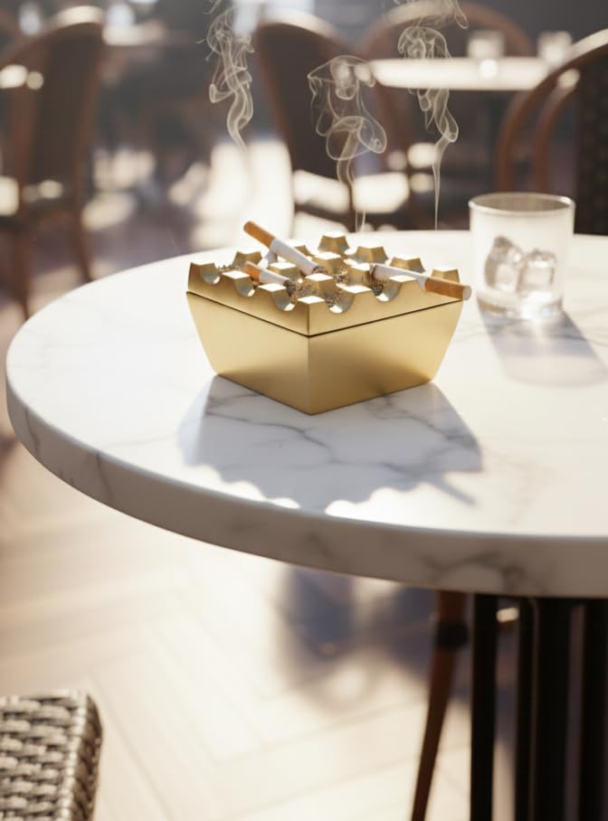 Gold Ashtray, Modern Geometric Design, Metal Finish, Tabletop Smoking Accessory-image-46