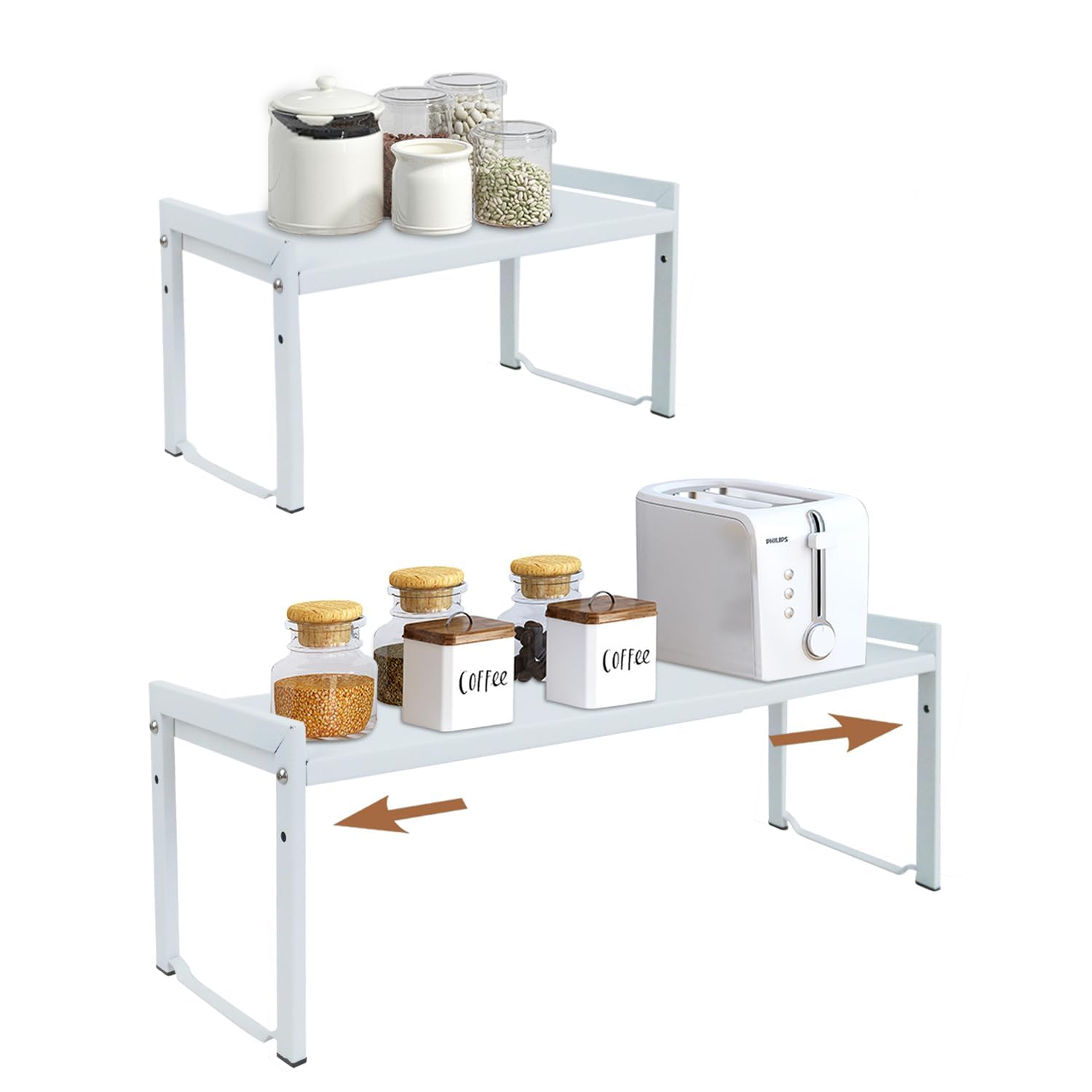 Goodsnetic 2 Packs Expandable Cabinet Shelf 13.8~26"(L), Stackable Kitchen Counter Shelf Organizer, 22LBS Heavy Duty Riser, Countertop Storage Pantry Shelves (White 2 Packs S)