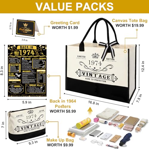 Image of 52nd Birthday Gift for Women-Vintage 1974 Canvas Tote Bag,Makeup Bag,Poster