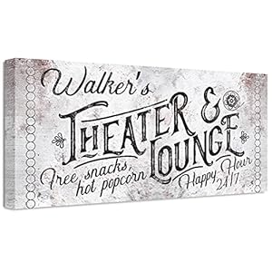 Personalized Home Theater and Lounge Print Great Home Theater Decor and Accessories Happy Hour Sign Custom Print with Name Unique Housewarming Gift 12×24 Rustic Style Metal Canvas Print