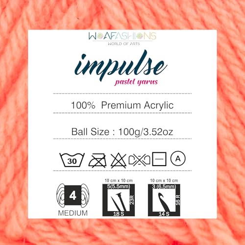 Image of WOAFashions Impulse Hand Knitting & Crochet Yarn, Premium Acrylic, 4 : Medium (Orange Coral) (4x100gms / 14.1oz)