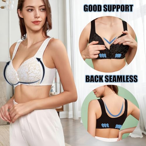 Image of No Underwire Lace Bras for Women Sponge Cup Front Closure Bra for Seniors Plus Size Full Coverage Bra No Wire Bras