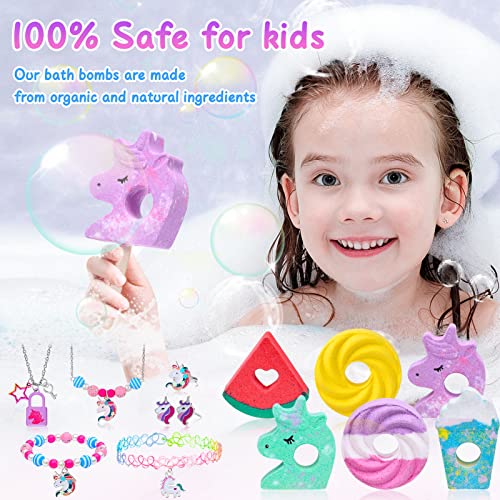 Tacobear Kids Bath Bombs For Girls With Unicorn Necklace Bracelet Rings Jewelry Toys Natural Organic Handmade Bubble Bath Fizz Spa Bath Set For Birthday Children's Day Gifts #TOP3