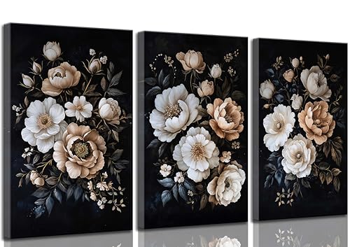 3 Pcs Moody Floral Canvas Wall Art Vintage Dark Peony Flowers...
