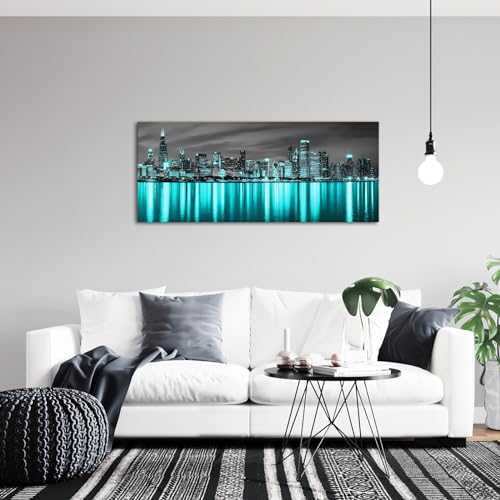 KLVOS Teal Blue Cityscape Wall Art Chicago City Skyline Photo Poster Painting Downtown at Night Picture Canvas Print Turquoise Home Living Room Stretched Framed Ready to Hang by KLVOS - Used condition - Image 3