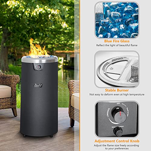 Bali Outdoors Round Propane Fire Pit Gas Firepit Fire Column, Blue Fire Glass, 15'' D X 32.6''H, Black #TOP3