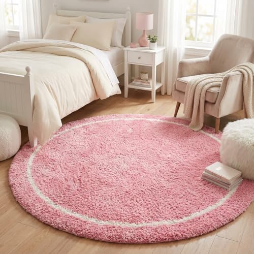 Image of Shaggy Polyester Microfiber Round Rug Carpet for Living Room | Ultra Soft Fluffy Plush Area Rug | Anti-Skid Non-Slip Backing | Washable Carpet for Bedroom- (4x4 feet, Ring Pink, Round)
