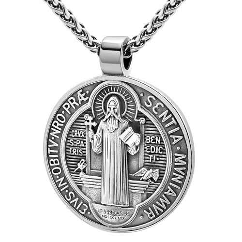 St Benedict Necklace for Men Women, 18K Gold Plated/Black Metal/Stainless Steel Saint Benedict Medal Cross Pendant Religious Catholic Amulet with Gift Box, Diameter 2/3/4CM Option