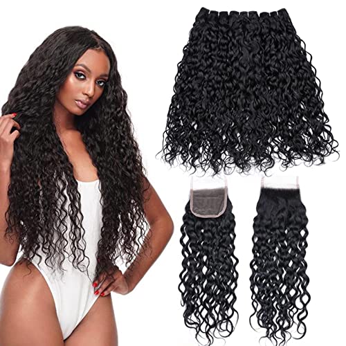 Beauhair Brazilian Water Wave Bundles with Closure Human Hair 3 Bundles and Closue 10 12 14 +10 inch Free Part Water Wave Closure Virgin Water Culy Hair