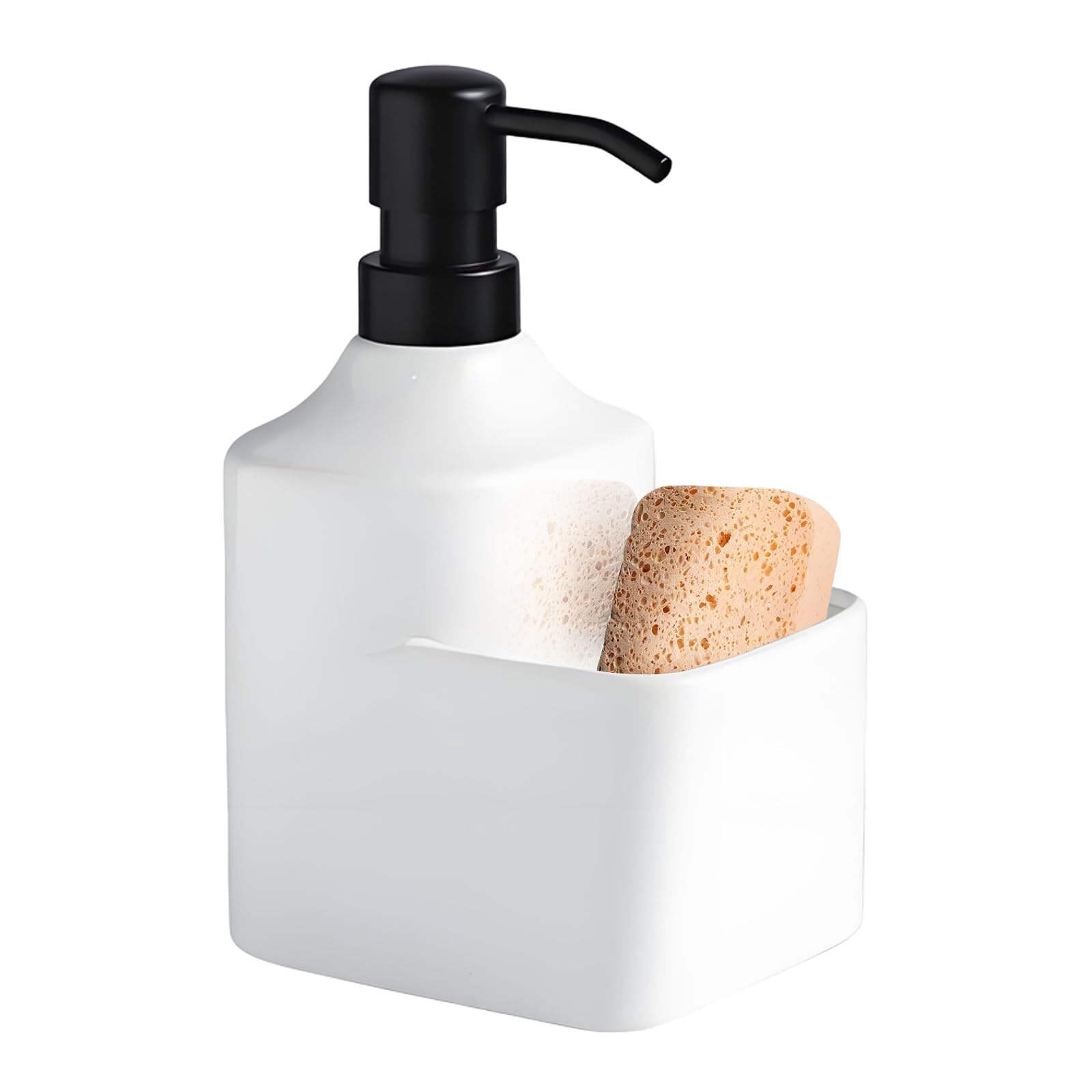 Qyleee One Color Hand Ceramic Countertop Soap Dispensers With Sponge Holder 2-In-1 Liquid Dish For Bathroom(White With Sponge Holder)