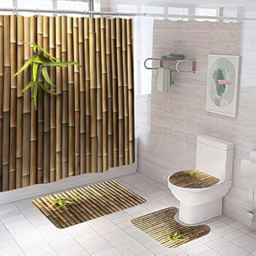 hipaopao 4Pcs Bamboo Shower Curtain Set with Non-Slip Rugs and