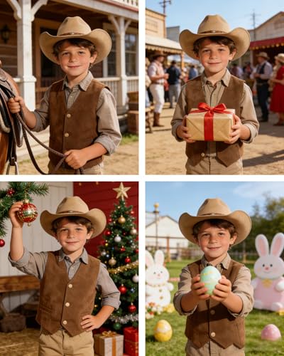 Image of Retro Boys Western Cowboy Vest for Kids Leather Suede Waistcoat | vintage dress vests, welt pockets, v-neck, adjustable waist, formal slim fit, wedding outfit, farm christmas birthday prom