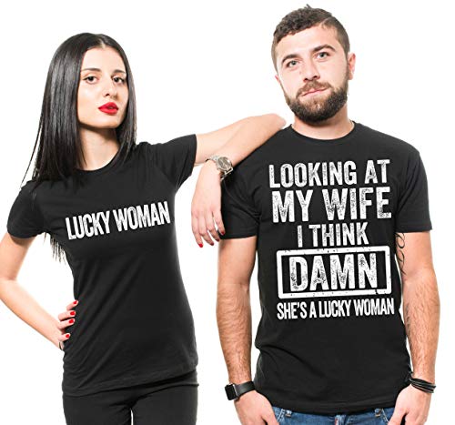 Couple Husband Wife Funny T-Shirts Lucky Woman Funny Shirts Men XL - Women Medium Black