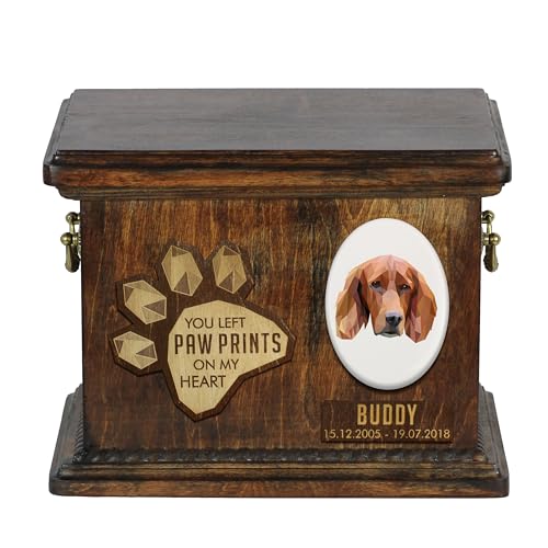 Urne pour cendres de chien bois faite à la main plaque céramique Setter
