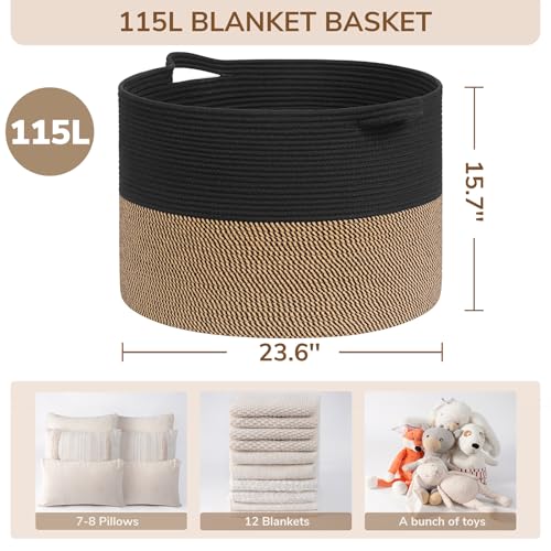 Image of INDRESSME 115L Extra Large Storage Baskets for Organizing, Blanket Basket Living Room Dog Toy Bin, Wicker Storage Woven Laundry Basket for Pillows, Towel Shoes Entryway, Mix Black