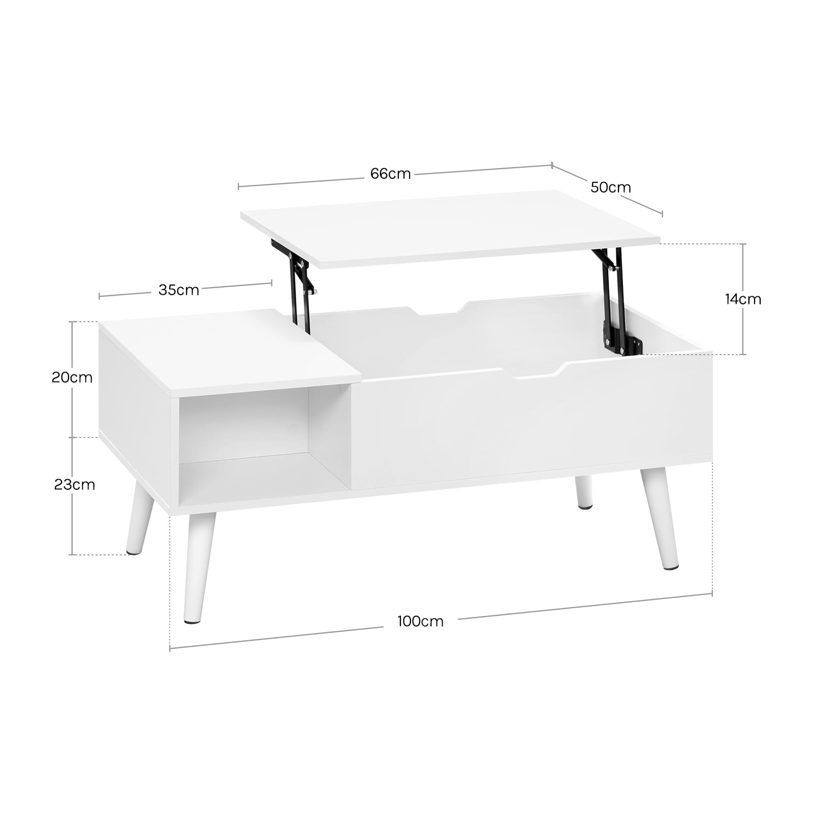 WOLTU Mesa Centro Elevable, Mesita Salon con Espacio Interno y Compartimento Abierto, Mesa de Salón Elevable y Extensible, Mesilla Auxiliar Multifuncional, 100x50x(43-57) cm, Blanco, BTS26ws