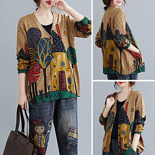 Romacci Cardigã feminino de malha com frente aberta e gola V com estampa vintage, Caqui, XXL