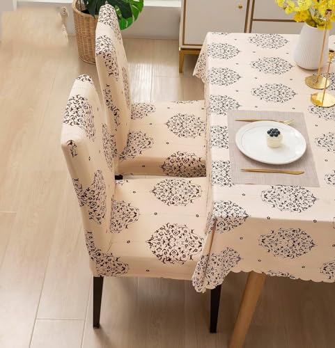 Image of Styleys Dining Chair Cover with Table Covers for Kitchen Waterproof Dining Table Cloth (1 Table Cover + 6 Chair Cover, Cream Brocade, CTSD3132)