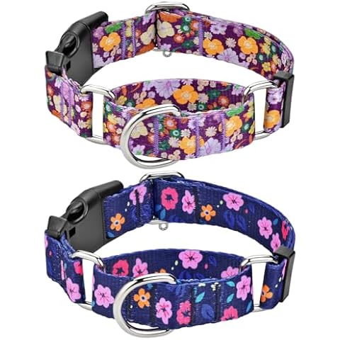 Hikiko Martingale Collar for Dogs Navy Blue Floral Pattern Bundle with Soft Purple Flower Nylon Dog Collars for Medium Dogs Cover
