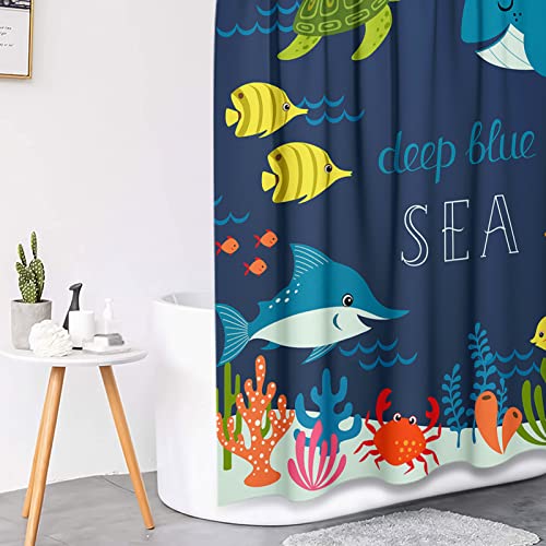 Tayney Tropical Fish Shower Curtain Sets With Toilet Lid Cover And Non-Slip Rugs, Cute Cartoon Deep Blue Sea 4 Pcs Shower Curtain Set With 12 Hooks, Kids Bathroom Sets With Rugs And Accessories #TOP3