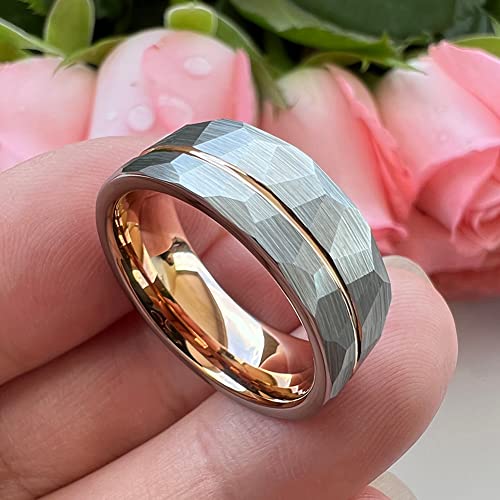8mm Silver/Black/Gold/Rose Gold Hammered Tungsten Rings for Men Women Fashion Jewelry Engagement Wedding Bands Offset Line Matte Finish Comfort Fit2
