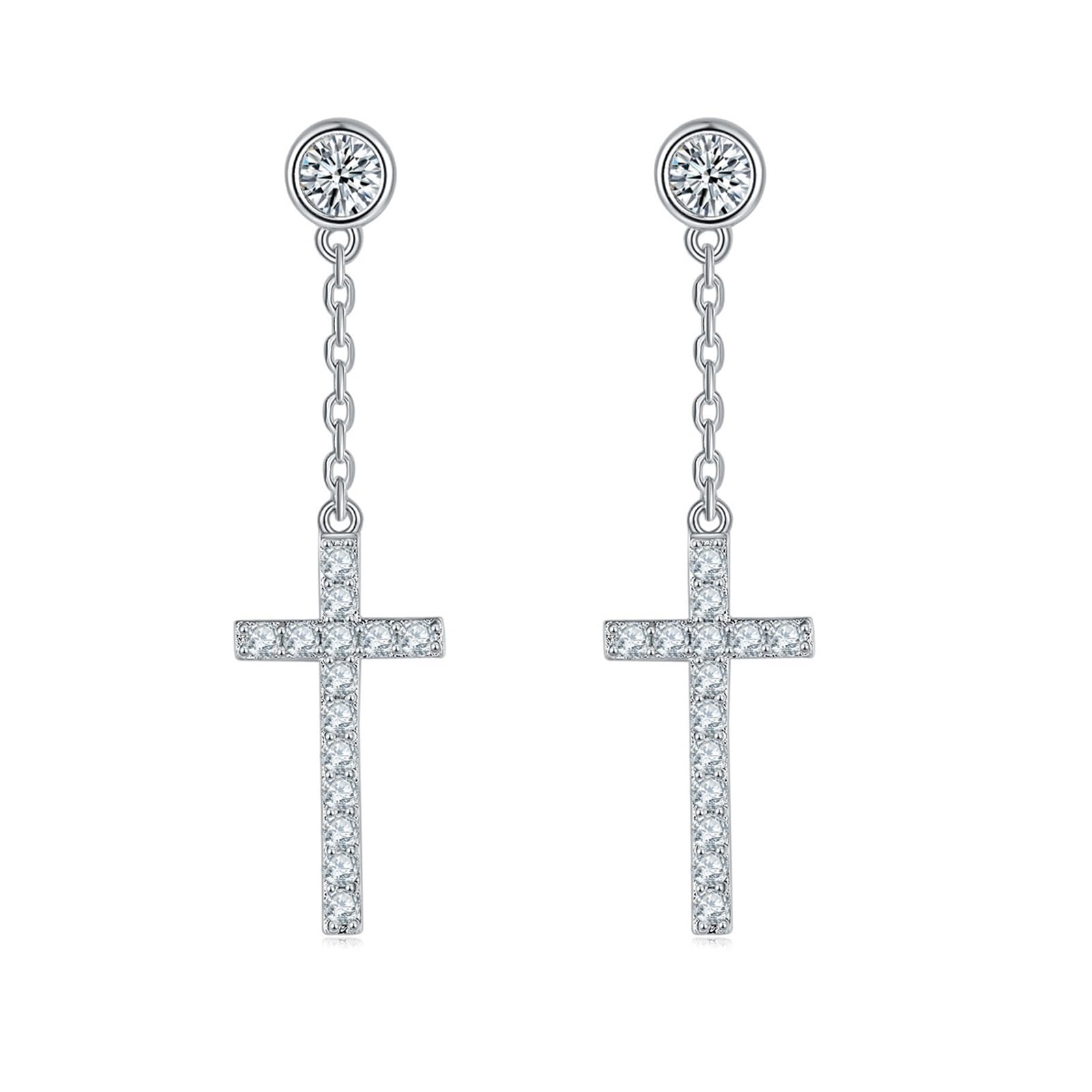 Pendientes Mujer Cruz de Cadena con Moissanita Redonda de 0.5ct, Plata de Ley 925, Joyas Pendientes Colgantes con Piedra
