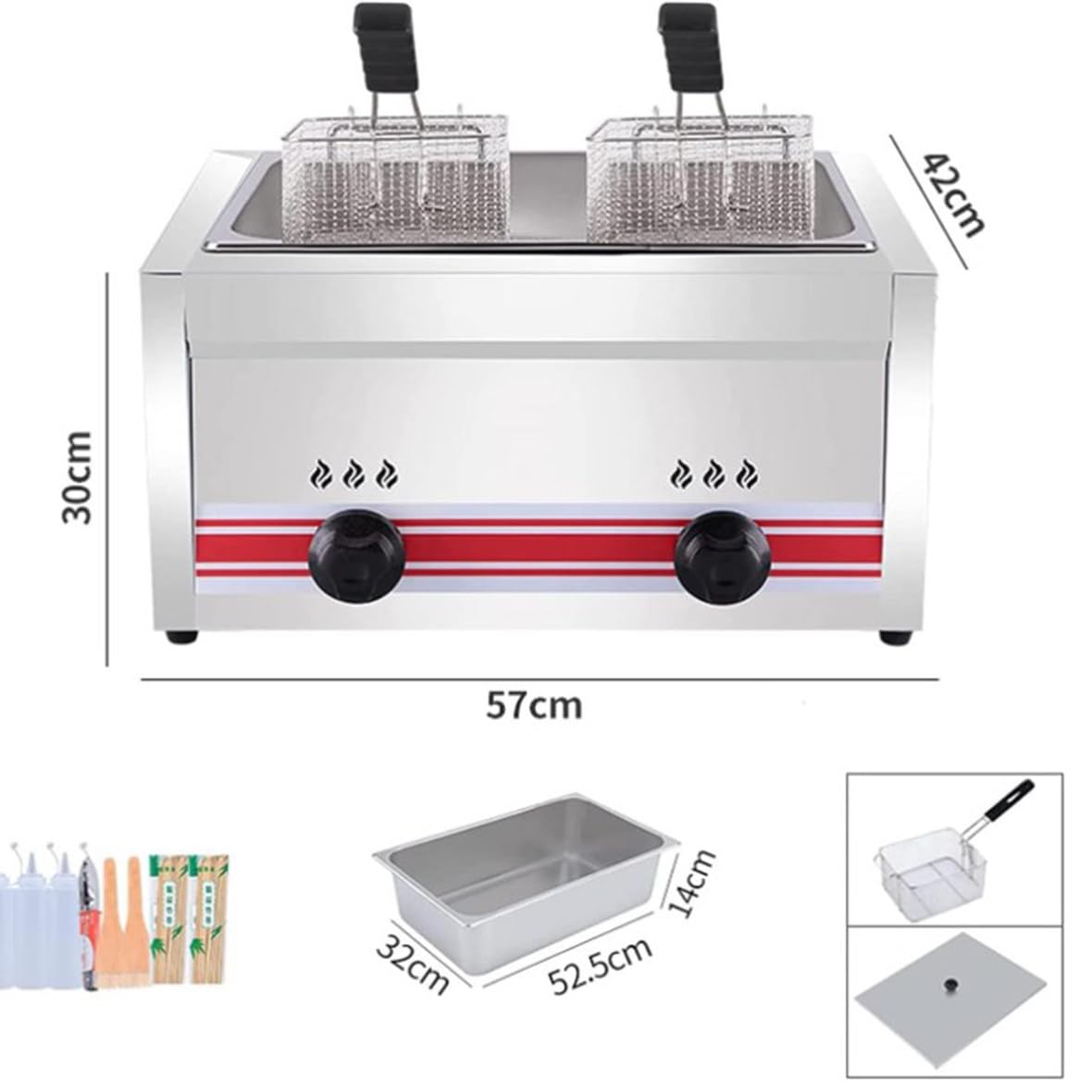 Friggitrice a Gas GPL Professionale, friggitrice Commerciale in Acciaio Inossidabile con cestelli e coperchi per friggitrice, per Cucina Domestica Commerciale, monocilindrico da 20