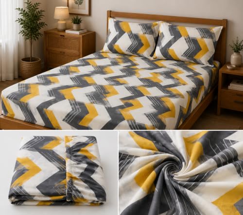Image of Fitted Bedsheet Yellow Grey & White Geometric Print Glace Cotton 210 TC|Full Single Size for Single Bed Fits 4 x 6.25 ft Mattress (48 x 75 Inch)|All Around Elastic |2 Pillow Covers |7 Inch Deep Pocket