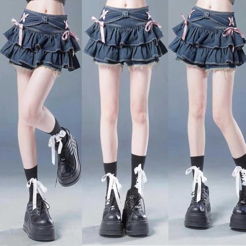 Women's Bow Low Waist Retro Pleated Skirt with Adjustable Waist A-line mini Denim Skirt Y2K2