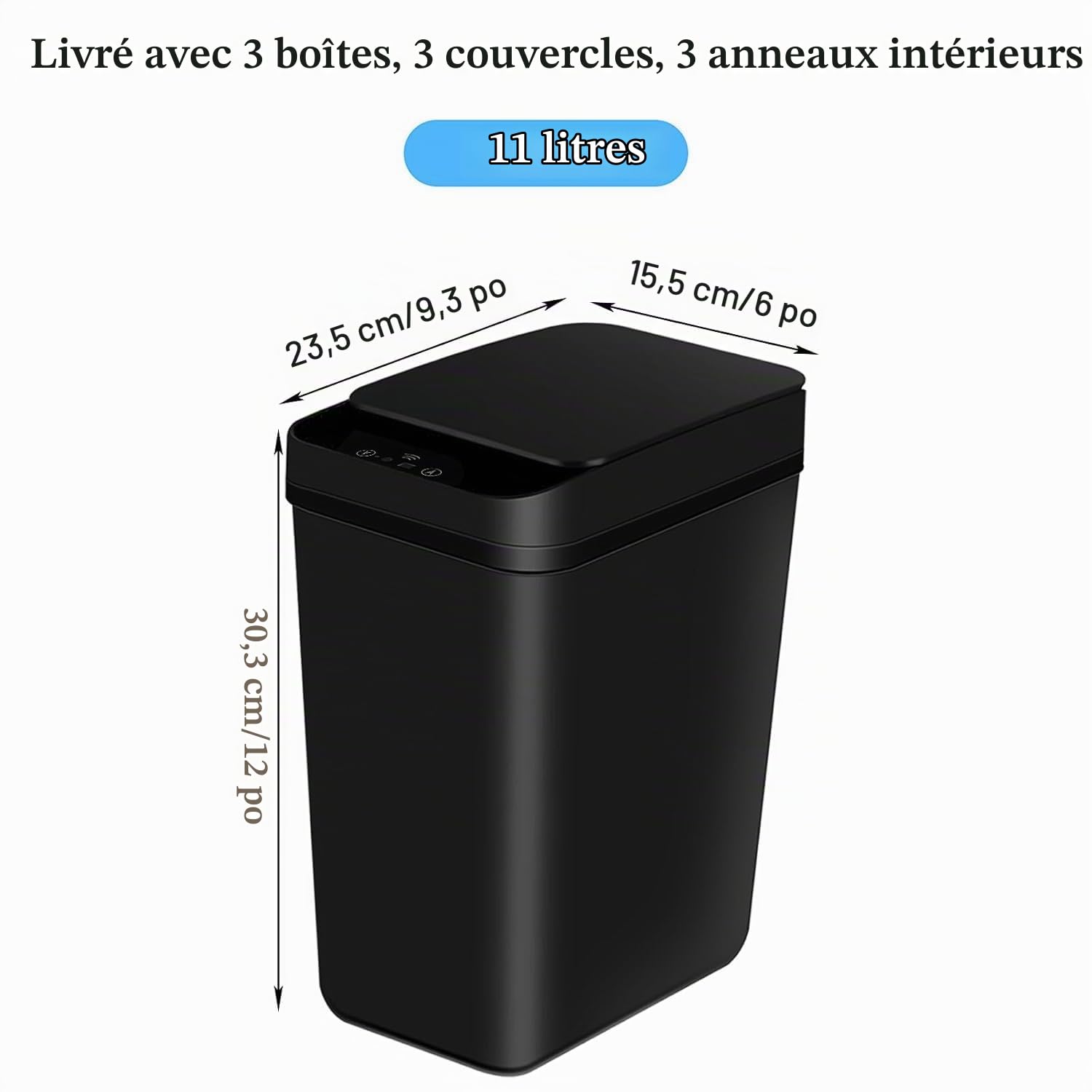 3 Pack Poubelle Salle Bain, 12L Poubelle Automatique avec Couvercle, Corbeille à Détection de Mouvement, Poubelle Fine à Épreuve des Chiens, Poulailler Étanche pour Chambre, Bureau, Cuisine (Noir)