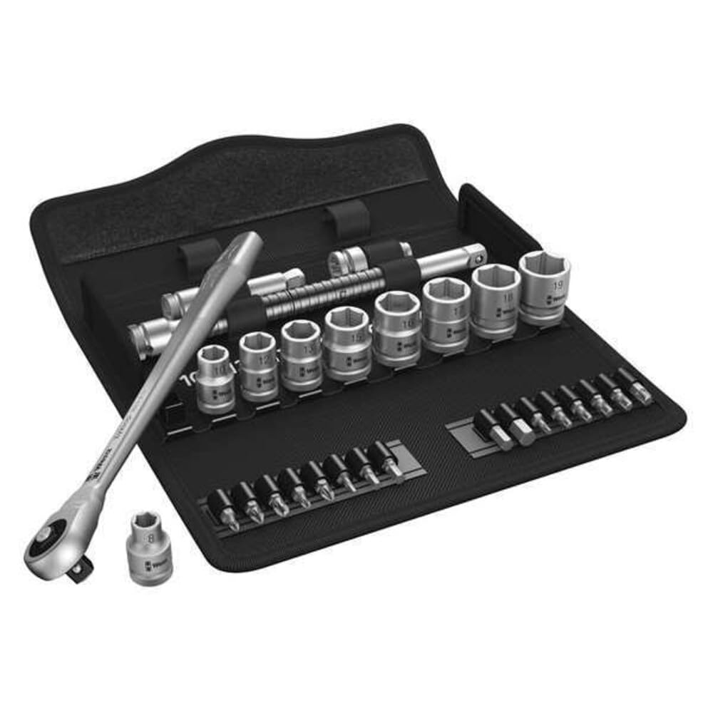Grzechotka Zyklop Metal z przekładanym zabierakiem 3/8" w zestawie z bitami i końcówkami klucza nasadowego 8100 SB 7 Wera