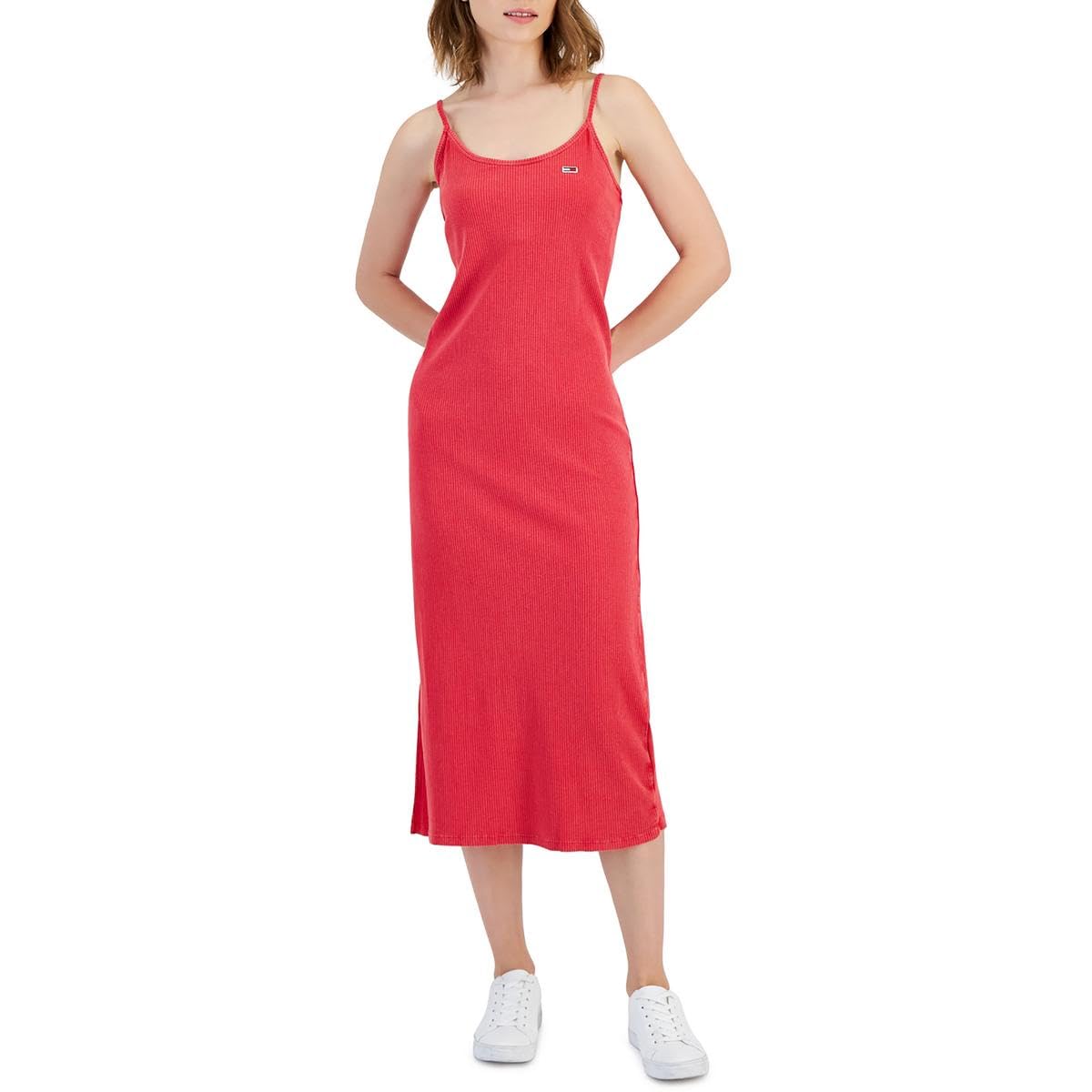 Tommy Hilfiger Womens Washed Ribbed Sleeveless Midi Dress, Scarlet, XL