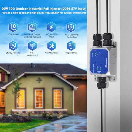 Image of MokerLink IP67 Outdoor 10 Gigabit PoE Injector, 10 /100M /1G /2.5G /10Gbps, DC48-57V in Max 120W, IEEE 802.3 af /at /bt PoE Out Max 90W, Wall Mount Metal Waterproof