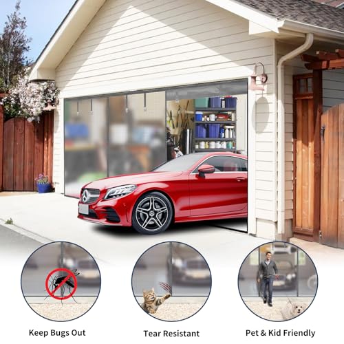 Image of Garage Door Screen for 2 Car Garage,16X7Ft Heavy Duty Magnetic Garage Screen,Durable Nylon Screen Door Mesh,Tear-Resistant, Pet and Kid Friendly Door Screen,Silver Grey