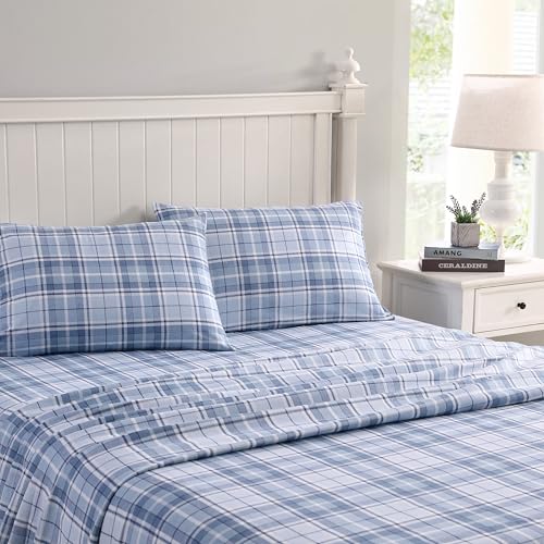 Image of Laura Ashley - Flannel Sheets Queen Size, Anti-Pilling & Wrinkle Resistant Cotton, Touchably Soft for All-Season Comfort - Bed Sheets with Matching Pillowcases & Fitted Sheet (Mulholland Plaid Blue)