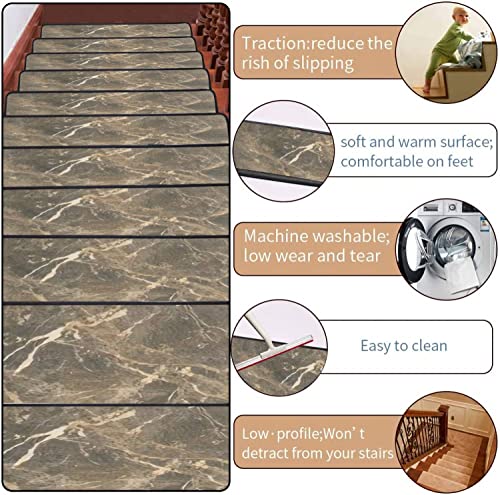 Texture Marble Tile Surface Abstract Yellow Brown 30''X8'' Non-Slip Self-Adhesive Carpet Stair Treads Runners For Wooden Steps 15Pcs Indoor Outdoor Stair Mat Safety Rug Resistant #TOP2
