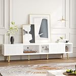 Bestier 70 inch High Gloss TV Stand for 75 inch TV, Modern TV Stand with Storage, Media Console with Fluted Sliding Doors, Entertainment Center for Living Room, Cord Management, Bright White