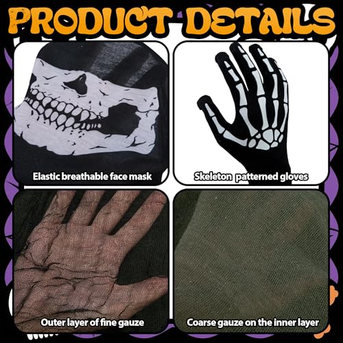 Watayo Halloween Hooded Mesh Cloak with Mask Gloves, Scary Grim Reaper Cloak Cosplay Costume, Loose Gothic Wizard Cape Gauze Robe for Men Adult Teen Halloween Role Play Costume (Dark Green with Black) by Watayo - Image 3
