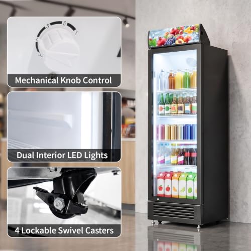 Image of Erivess 9 Cu.Ft Commercial Refrigerators with Double-Tempered Glass Door | Beverage Display Fridge with 7 Level Temp, Merchandiser Drink Fridge with LED Light & Locking Caster for Bar Restaurant Shops